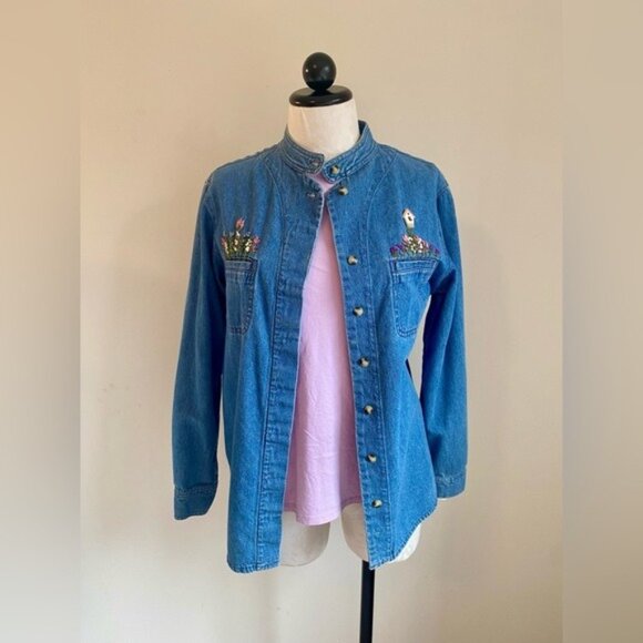 Vintage Denim Embellished Button-Up Shirt By Ruff Hewn With Embroidery Size M - Picture 2 of 8